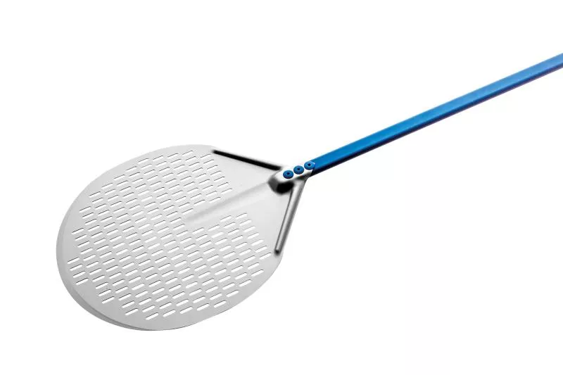 Aluminum round perforated pizza peel (30, 30, One-piece handle)